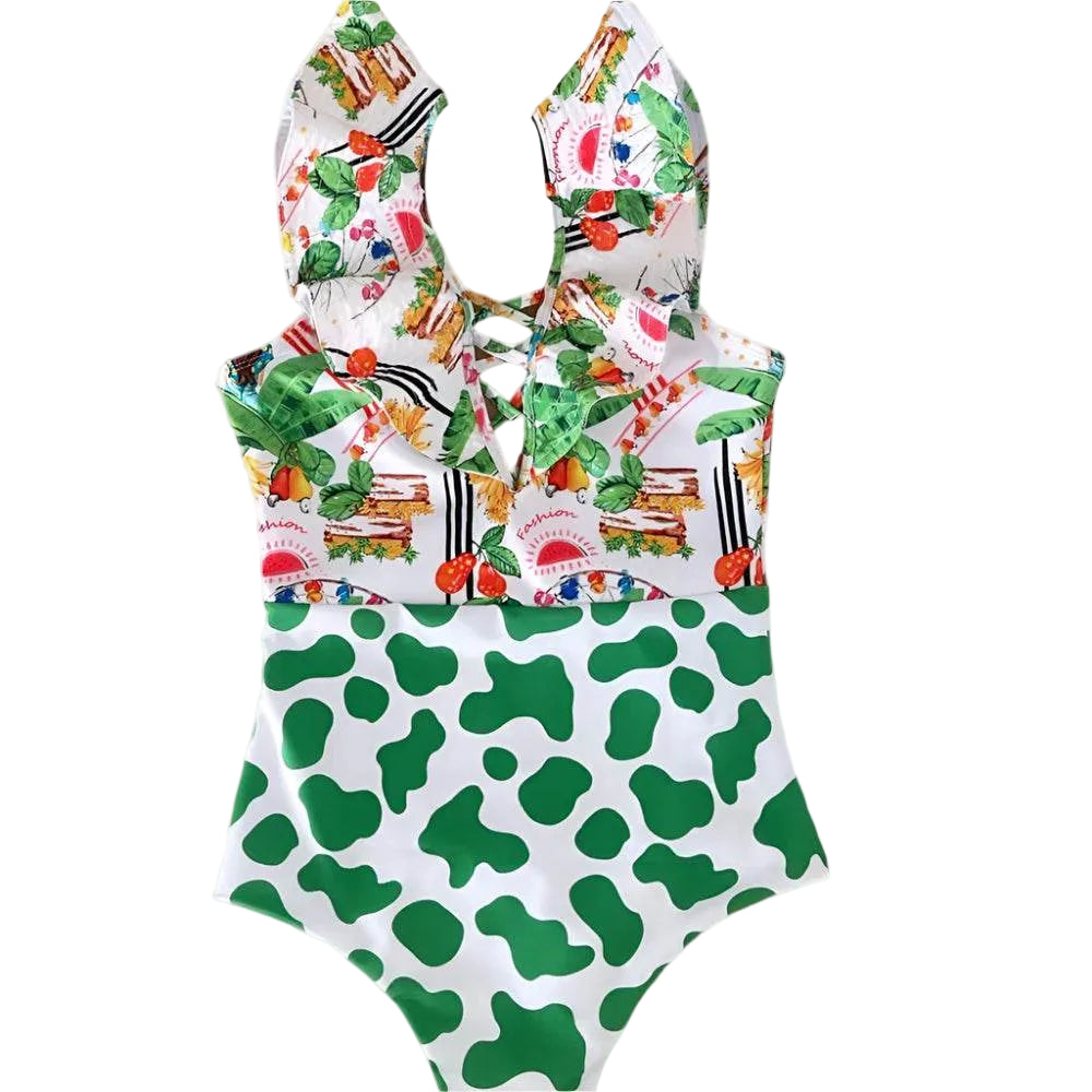 Ruffle Print Floral One Piece Slimming Swimwear - VacationGrabs