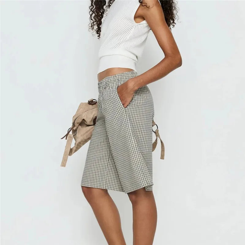VacationGrabs Vintage Plaid Check Bermuda Shorts Elastic Waist Loose Knee Length Trousers For Women Casual Summer Streetwear DailyWear