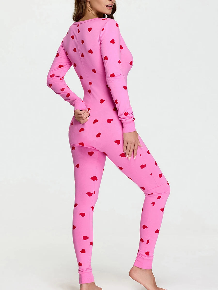 VacationGrabs Women Bodycon Jumpsuits Heart Print V-Neck Long Sleeve Rompers Fall Winter Casual Playsuits Valentine's Day Clothes