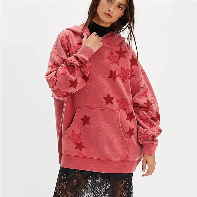 VacationGrabs American Casual Oversized Star Patch Hoodie Women Vintage Loose Drop Shoulder Kangaroo Pocket Everyday Street Sweatshirt