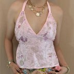Sequin Flower Halter Vests Women's Summer Chic Backless Bandage Sleeveless Tank Tops Slim Fit V-Neck Crop Tops Streetwear