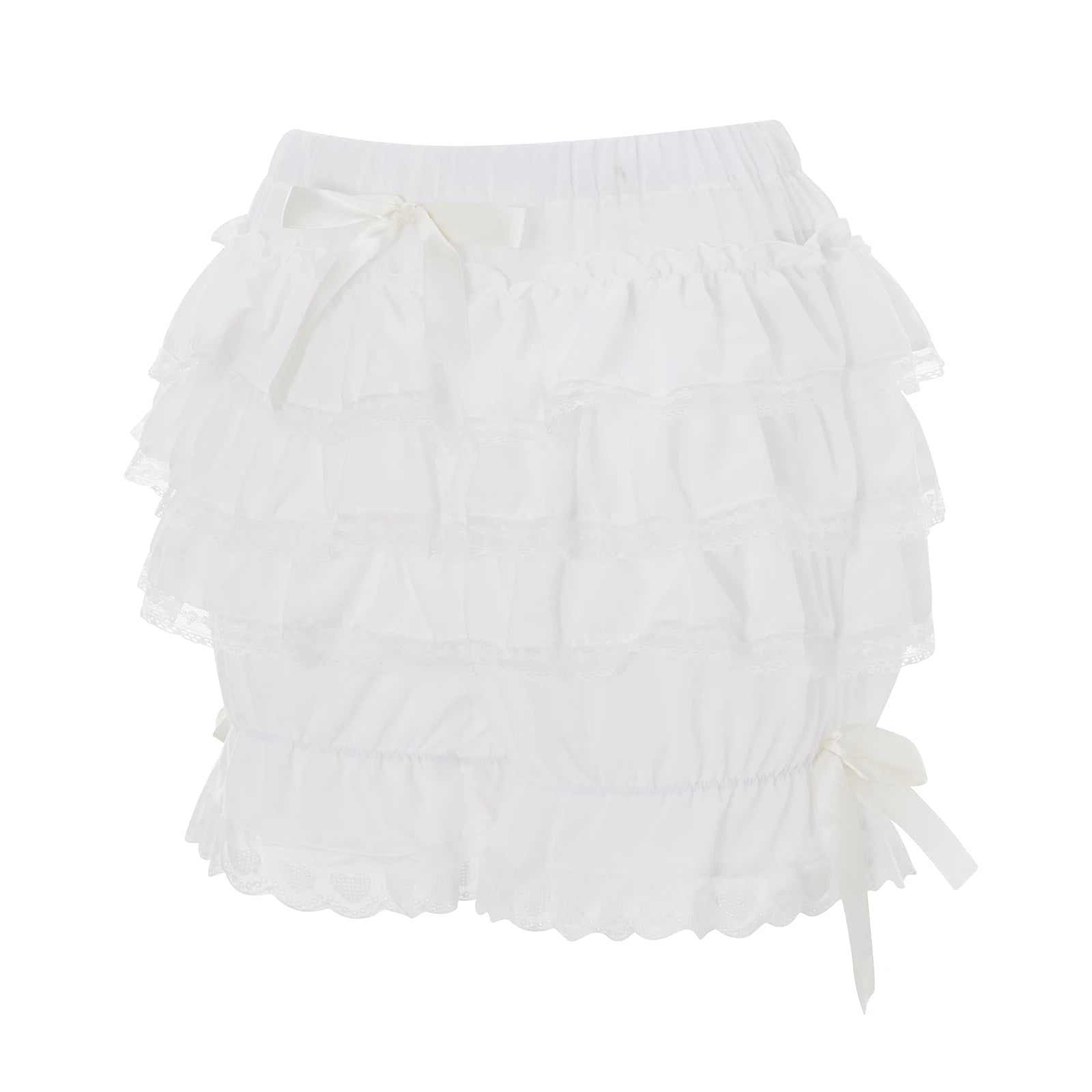 VacationGrabs Fairycore Heart Eyelet Lace Ruffle Shorts Women Multi Tier Frill Bow Decor Elastic Waist Harajuku Girls Daily Bloomers