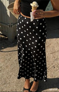 VacationGrabs French Vintage Polka Dot Satin Skirt High Waist Silky Midi Skirt Elegant Retro Print For Women Summer Y2K Streetwear