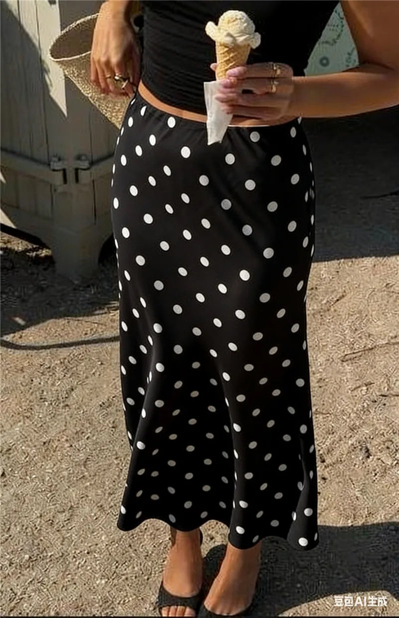 VacationGrabs French Vintage Polka Dot Satin Skirt High Waist Silky Midi Skirt Elegant Retro Print For Women Summer Y2K Streetwear