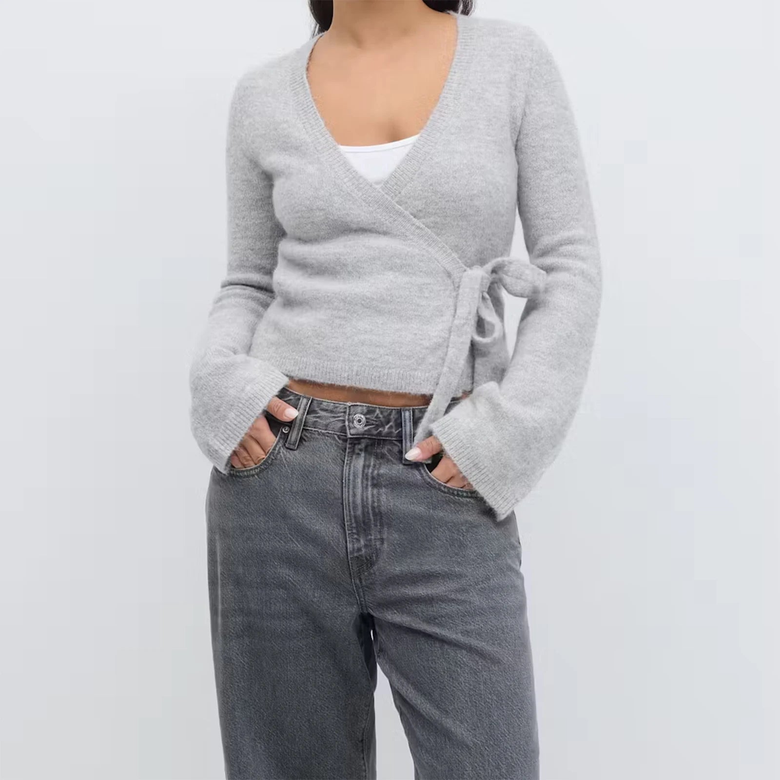 VacationGrabs Wrap Sweater Tops for Women Lightweight Side Tie Front Ballet Wrap Cardigan Elegant V Neck Fitted Cropped Sweaters