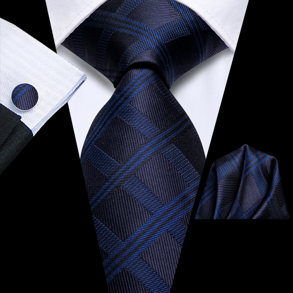 Navy blue plaid men's tie, silk material, how to tie mens tie