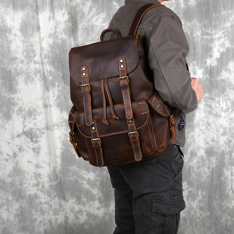 Men's Leather Travel Backpack, Cowhide with Laptop Sleeve