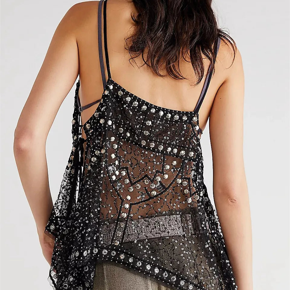 VacationGrabs Women Y2K Sequin Mesh Tank Top Glitter Floral Embroidered Cami Crop Top Coquette Sleeveless Backless Rhinestone Camisole