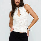 VacationGrabs Women Y2K Coquette Lace Tank Top Sleeveless Sheer Floral Cutout High Neck Slim Crop Going Out Top Party Clubwear