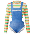 VacationGrabs Women Farm Girl Cosplay Costume Striped Long Sleeve Crop Top Denim Look Lace Ruffle Bodysuit Halloween Party Club Outfit