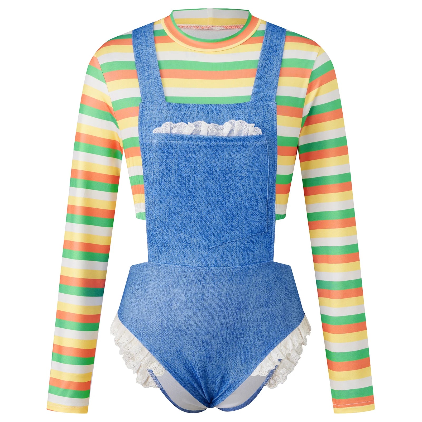 VacationGrabs Women Farm Girl Cosplay Costume Striped Long Sleeve Crop Top Denim Look Lace Ruffle Bodysuit Halloween Party Club Outfit