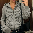 VacationGrabs Y2K Women Structured Shoulder Zip Hoodie 3D Rope Embroidery Braid Trim Jacket Street Fashion Casual Winter Hooded Coat