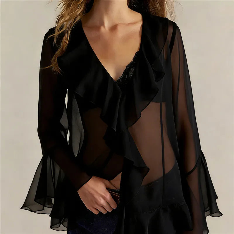 VacationGrabs Women Sheer Lace Ruffled Flowy Tops Chiffon Frilly Layered Bell Sleeve Pirate Top Sexy See Through Blouse Mesh Shirt