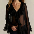 VacationGrabs Women Sheer Lace Ruffled Flowy Tops Chiffon Frilly Layered Bell Sleeve Pirate Top Sexy See Through Blouse Mesh Shirt