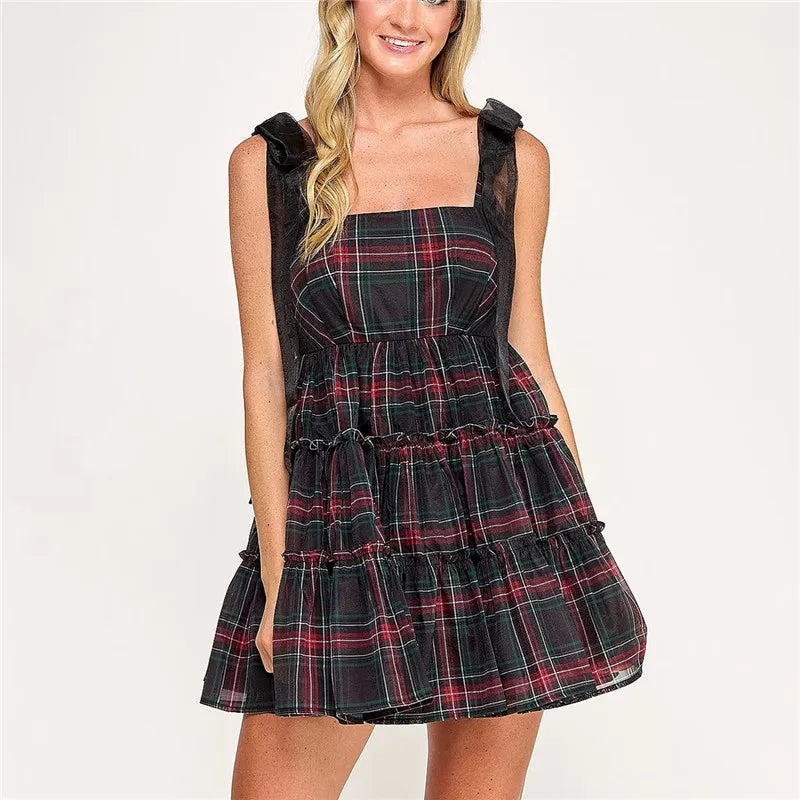 VacationGrabs Women Tartan Plaid Mini Dress Square Neck Mesh Bow Strap Sleeveless Tiered Ruffle A Line Swing Christmas Party Dress