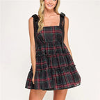 VacationGrabs Women Tartan Plaid Mini Dress Square Neck Mesh Bow Strap Sleeveless Tiered Ruffle A Line Swing Christmas Party Dress
