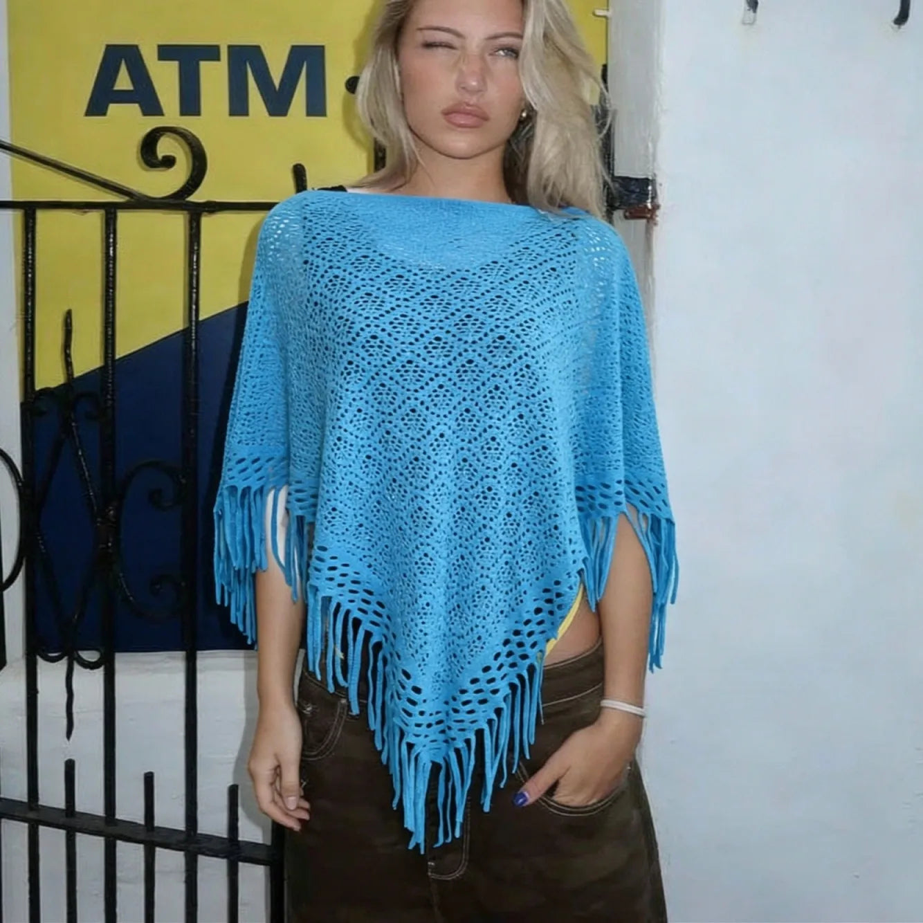 VacationGrabs Hollow Crochet Fringe Tassel Beach Cover Up Knit Triangle Shawl Bikini Outerwear Summer Casual Top