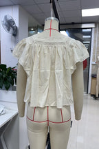 VacationGrabs Women Boho Square Neck Lace Blouse Puff Short Sleeve Button Front Pleated Loose Cropped Shirt Vintage Cottage Summer Top