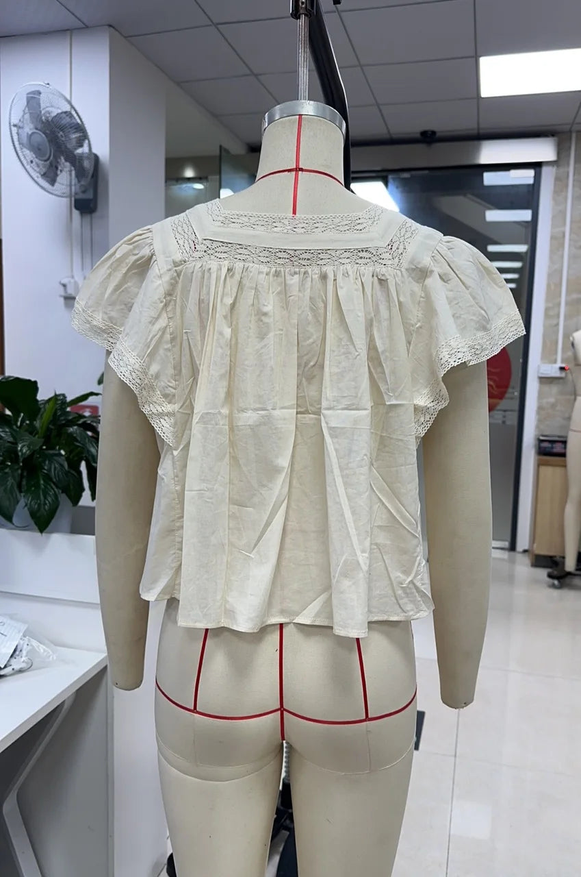VacationGrabs Women Boho Square Neck Lace Blouse Puff Short Sleeve Button Front Pleated Loose Cropped Shirt Vintage Cottage Summer Top