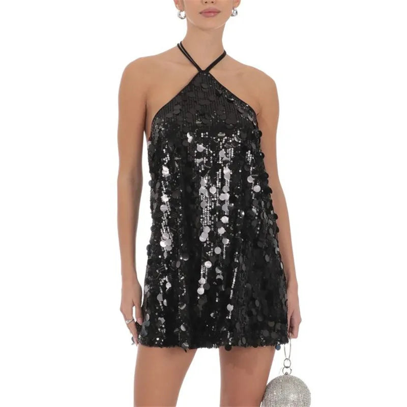 VacationGrabs Women Halter Backless Sequin Mini Dress Glitter Paillette Tie Up Short Dress Club Party Sparkly Cocktail Evening Dresses