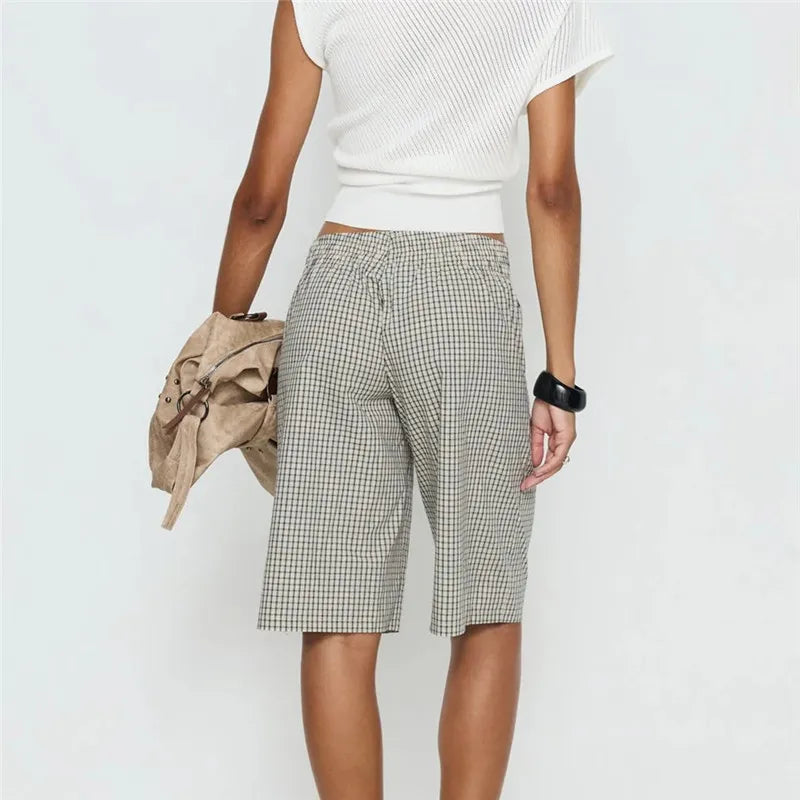 VacationGrabs Vintage Plaid Check Bermuda Shorts Elastic Waist Loose Knee Length Trousers For Women Casual Summer Streetwear DailyWear