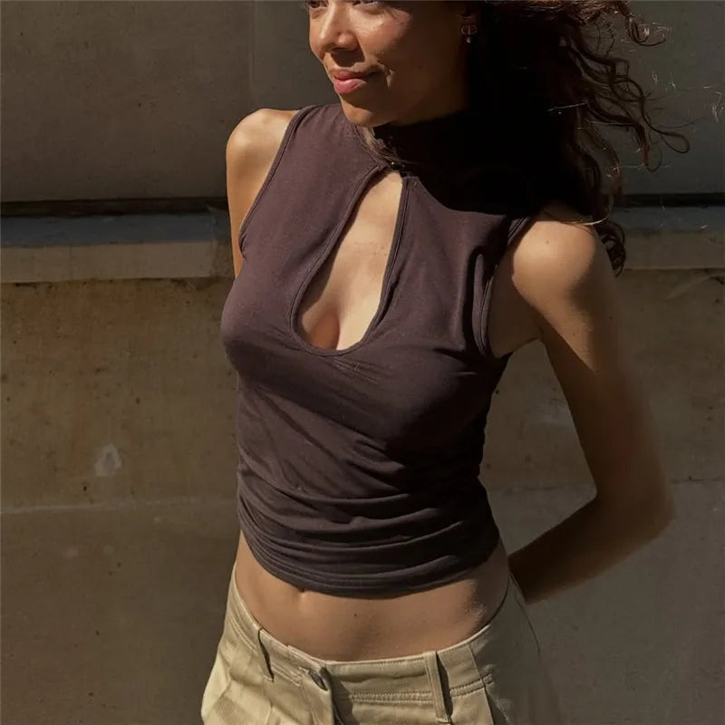VacationGrabs Keyhole Cutout Tops for Women Y2K Mandarin Collar Shirt Sexy Fitted Hollow Out Tank Summer Fashion Going Out Tops