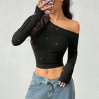 Women's Asymmetric Off-Shoulder Long Sleeve Studded Top