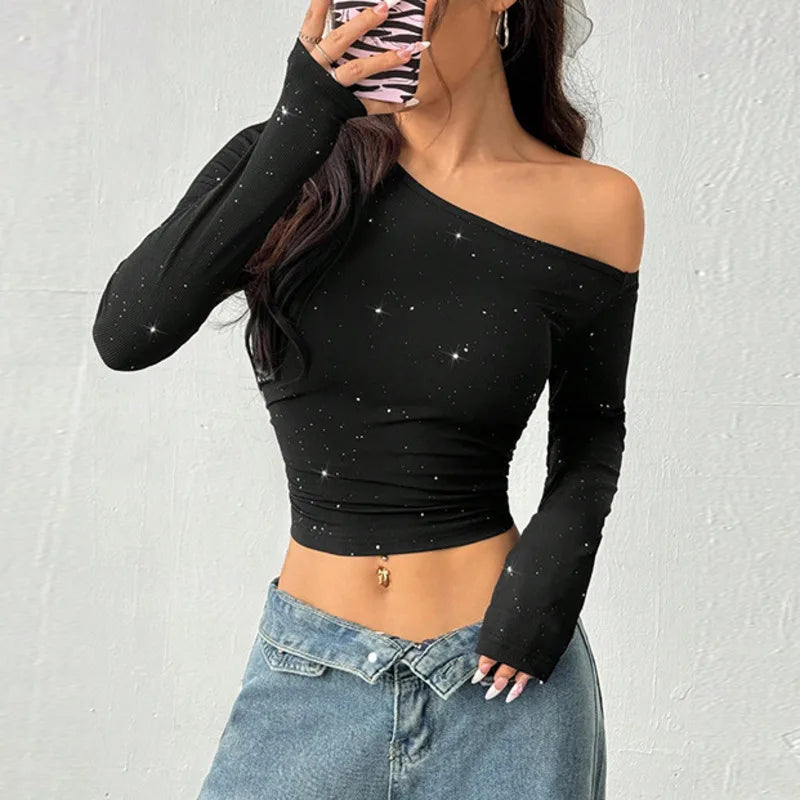 Women's Asymmetric Off-Shoulder Long Sleeve Studded Top
