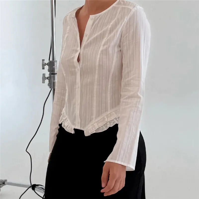 VacationGrabs Elegant Women's Autumn Spring Striped Tops Long Sleeve Round Neck Ruffle Trim Hem Casual Button Up Shirts Blouse