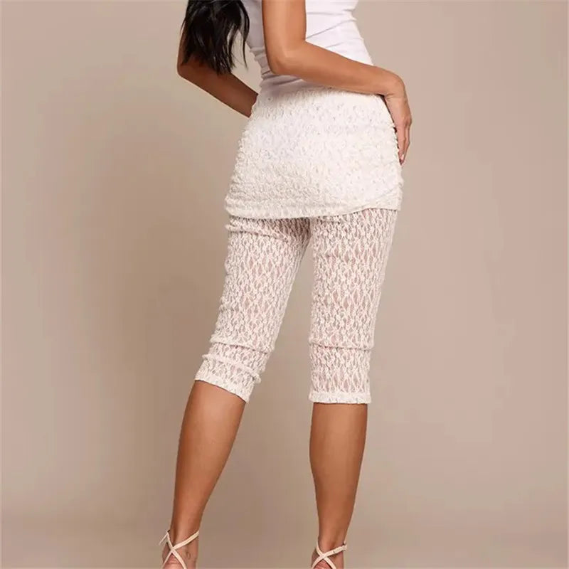 VacationGrabs Women Lace Cropped Leggings with Skirt Overlay See Through Mesh Capri Pants High Waist Ruched Summer Casual Streetwear