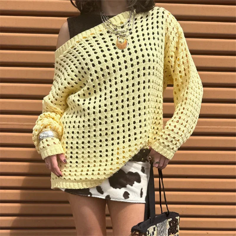 VacationGrabs Women Retro Y2K Hollow Knit Mesh Sweater Off‑Shoulder Slouchy Oversized Pullover Long Sleeve Grunge Vintage Street Tops