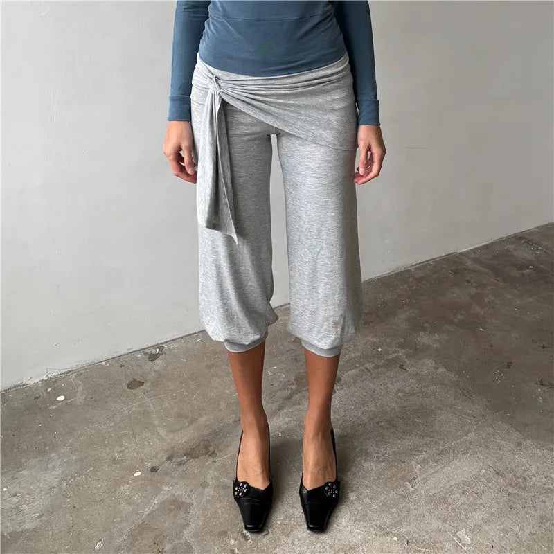 Women Wrap Twist Waist Capri Sweatpants Side Tie Draped Layer Cropped Jogger Pants Casual Soft Modal Lounge Trousers Streetwear