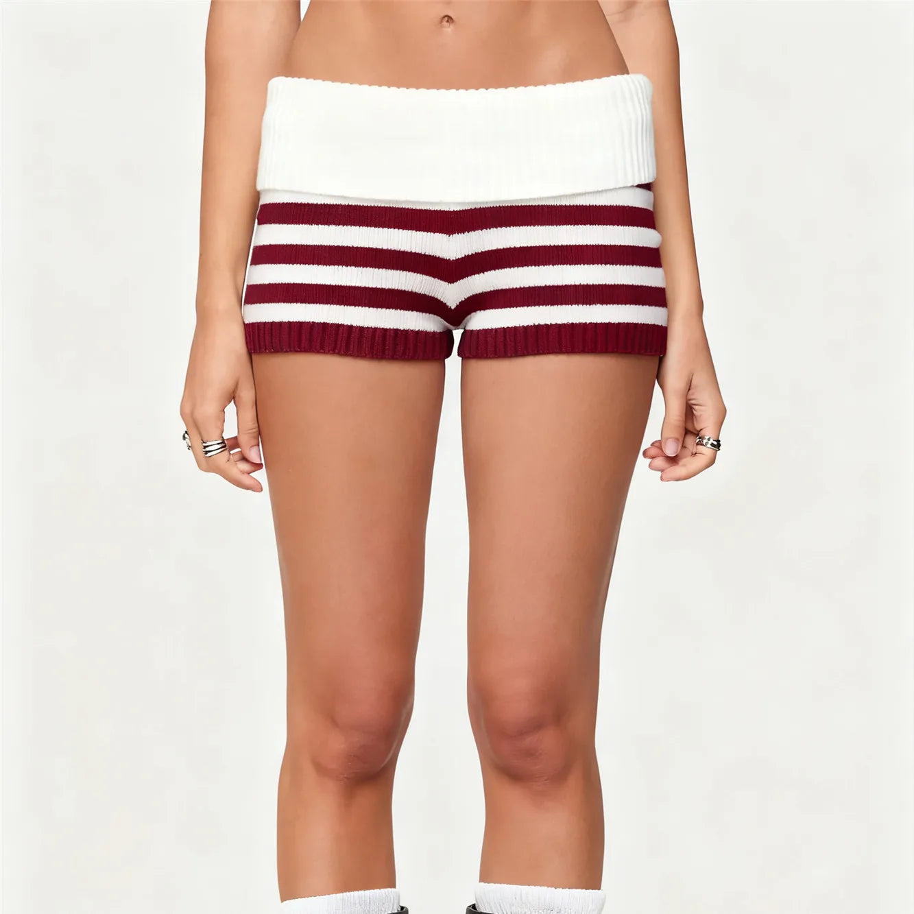 VacationGrabs Women Y2k Knit Mini Shorts Striped Foldover Low Waist Elastic Slim Fit Vintage Going Out Micro Bottom Streetwear