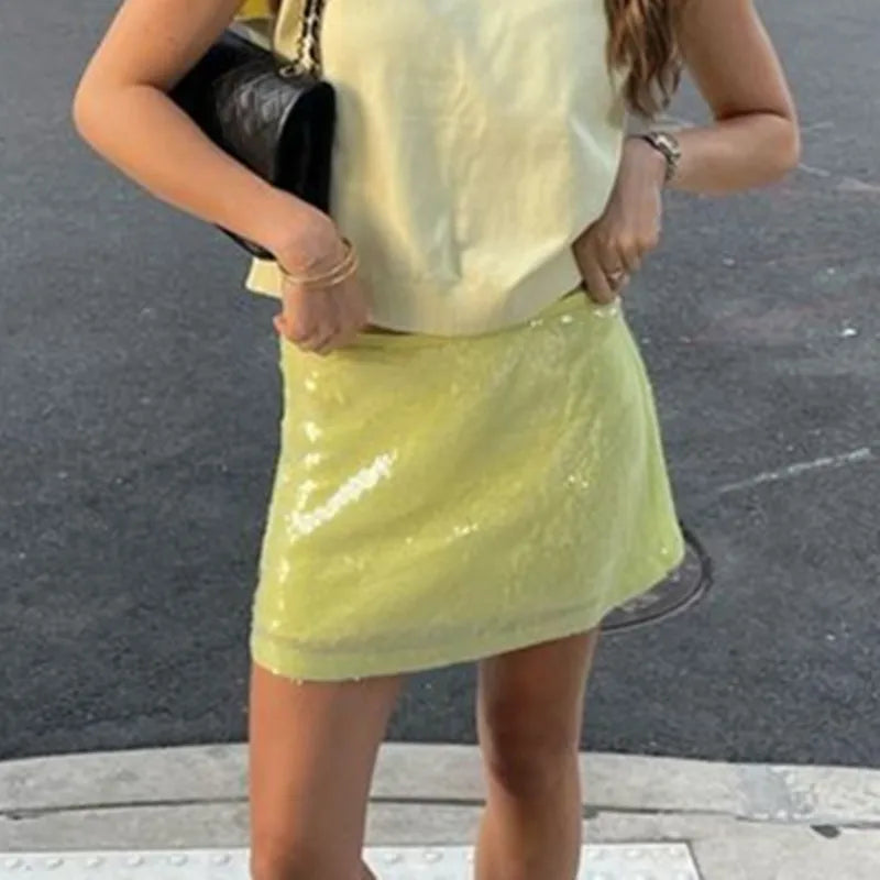VacationGrabs Women Sexy Sequin Mini Skirts Club High Waist A-Line Mesh Short Skirt Trendy Sparkly Bodycon Skirts Party Wear