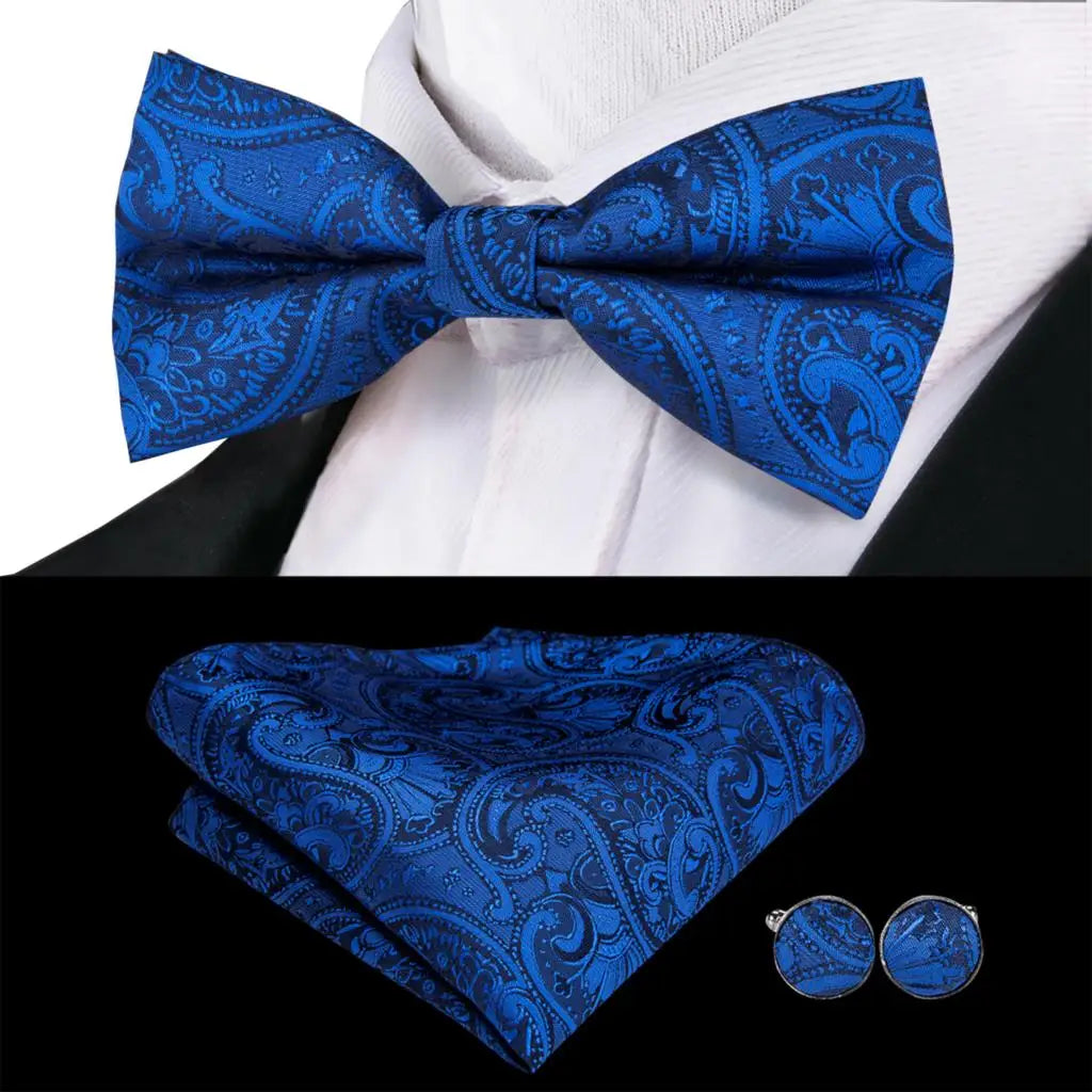 Blue paisley bow tie silk with matching pocket square and cufflinks for formal events