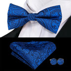Blue paisley bow tie silk with matching pocket square and cufflinks for formal events