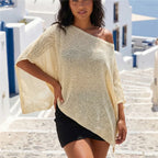 VacationGrabs Women Knit Poncho Top One Shoulder Asymmetric Irregular Hanky Hem Sheer See Through Batwing Cover Up Summer Beachwear