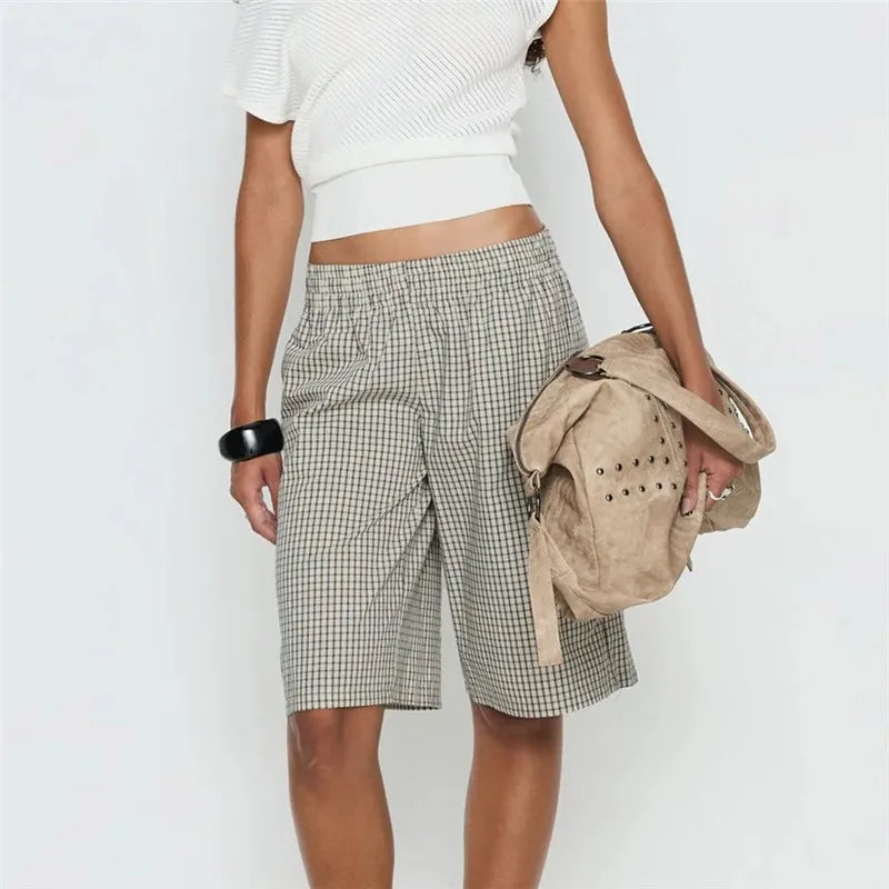 VacationGrabs Vintage Plaid Check Bermuda Shorts Elastic Waist Loose Knee Length Trousers For Women Casual Summer Streetwear DailyWear