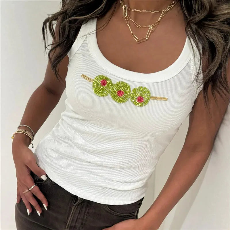VacationGrabs Beading Sling Tops Women's O-neck Sleeveless Spaghetti Strap Ribbed Vest Summer New Ladies Basic Casual Streetwear
