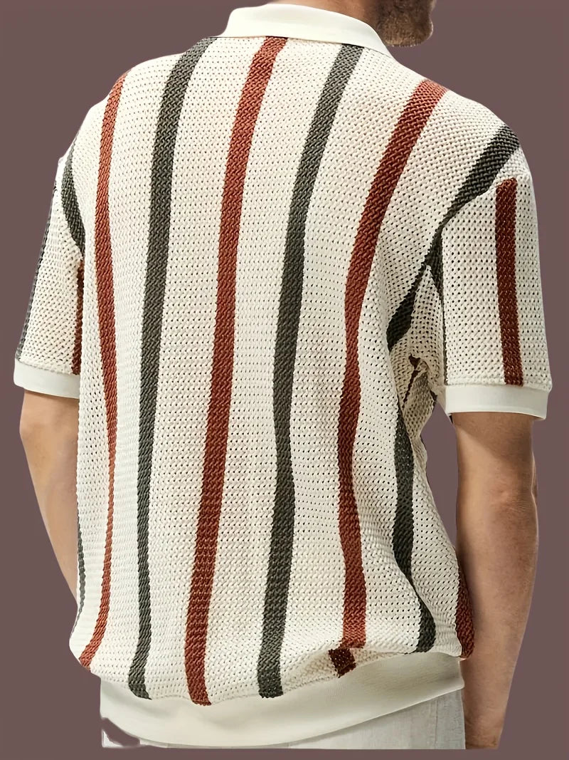 Men's Spring/Summer Lightweight Striped Knit Cardigan with V-neck Short Sleeve Polo Shirt. Business casual slim-fit style Breath