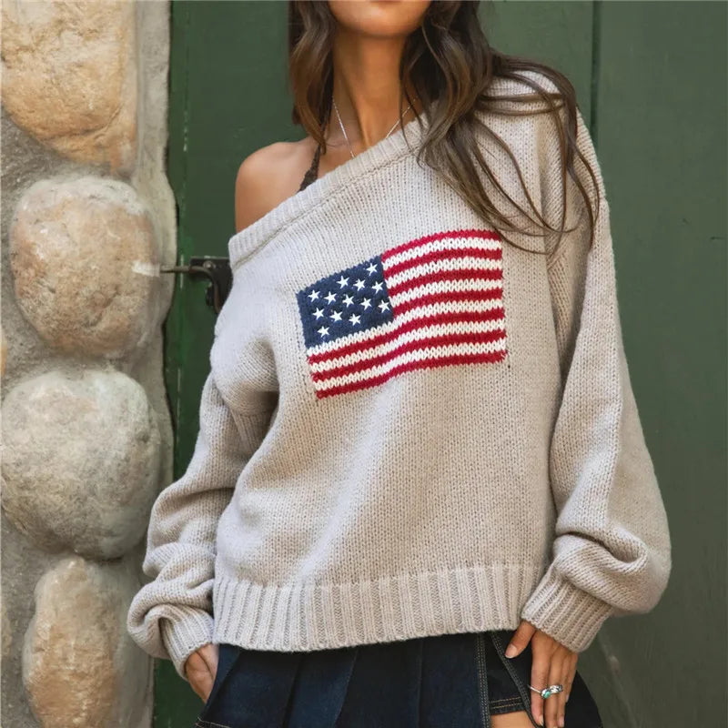 VacationGrabs Off Shoulder American Flag Knit Sweater for Women Long Sleeve Oversized Fit Casual Streetwear Pullover for Fall Winter