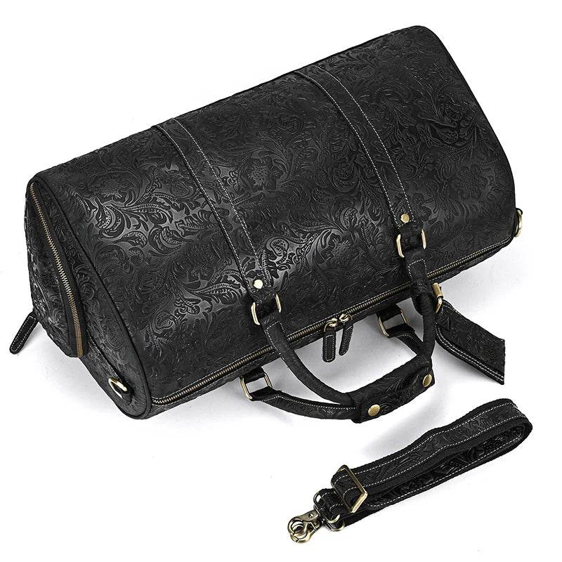 Genuine Cowhide Leather Travel Duffle Bag Men’s Weekend Bag Shoe Pocket - VacationGrabs
