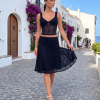 Women White Black Floral Lace 2 Piece Outfit Bow Front U Neck Cami Crop Top Low Waist Pleated Midi Skirt Y2K Beach Matching Set