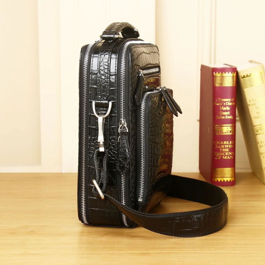 Men's Genuine Leather Alligator-Pattern Shoulder Satchel – Vintage Bag with Tablet Pocket