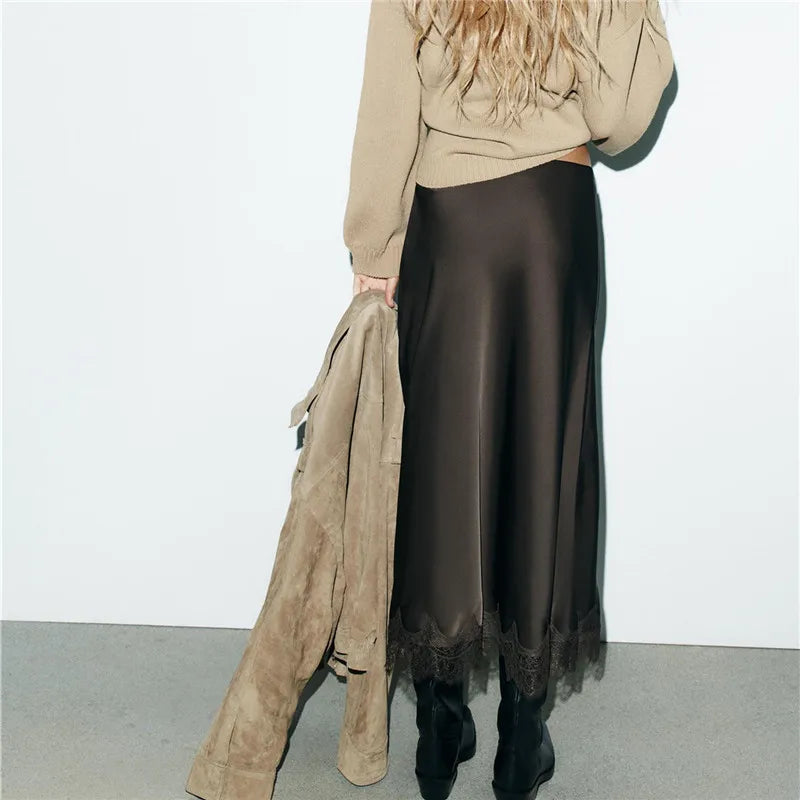VacationGrabs Elegant Lady Elastic Waist Silky Lace Trim Midi Skirt Women Satin Lace Long Skirt Y2k Half Slip Maxi Skirts Under Dress