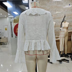 VacationGrabs Y2K Retro Raw Fringe Ruffle Crop Blouse Women Crinkled Texture V Neck Tie Front Flare Long Sleeve Casual Street Shirts