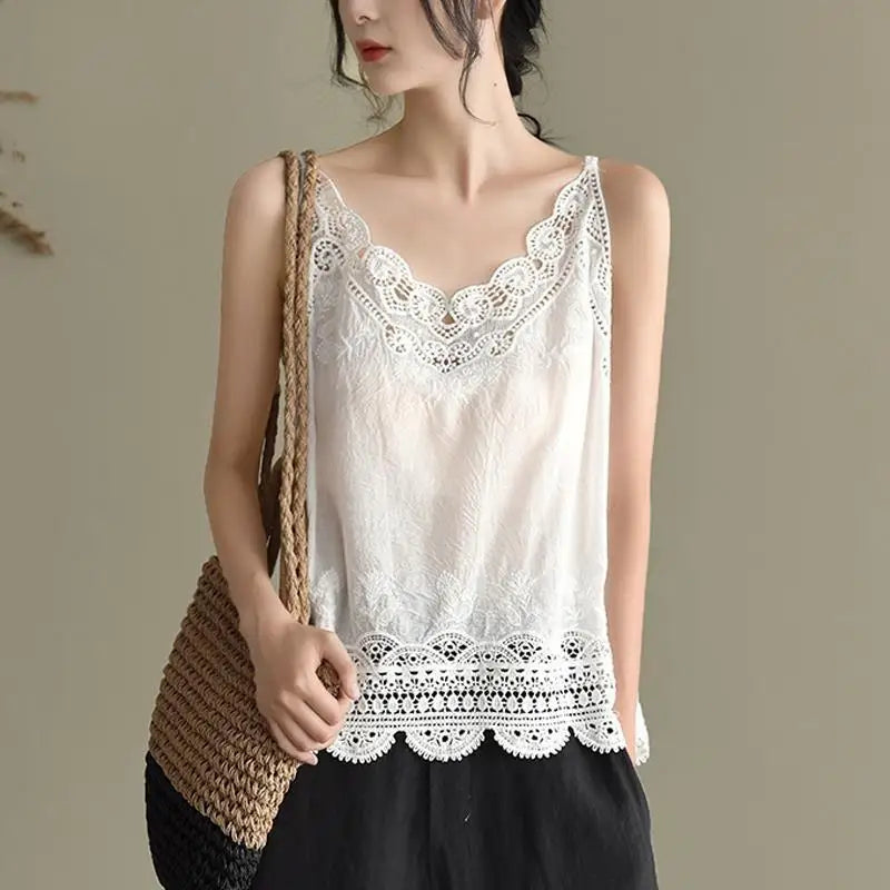 Women V Neck Camisole Loose Fit Hollowed Flower Embroidered Spaghetti Strap Cotton Linen Tops Casual Summer Streetwear