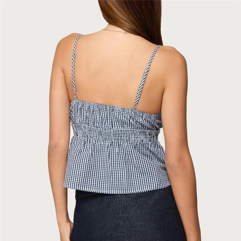 VacationGrabs Summer Gingham Cami Top for Women Sexy Tie Front Ruffle Hem Sleeveless Peplum Blouse Casual Spaghetti Strap Top
