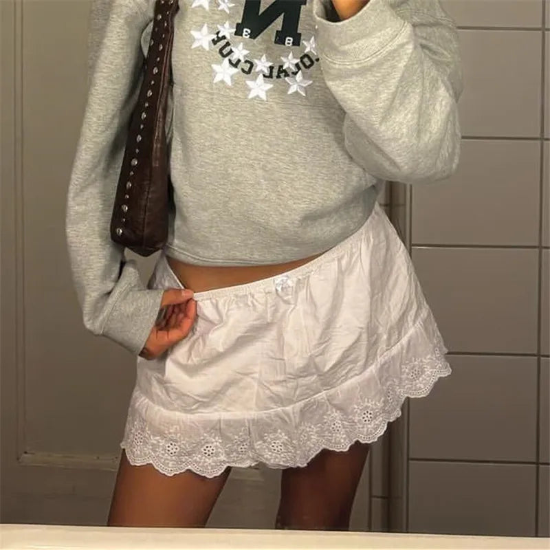 VacationGrabs Women Y2k Lace Trim Mini Skirt Floral Eyelet Embroidery Half Slip Underskirts Cute Low Rise Summer Skater Skirt