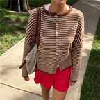Women's Striped Cropped Knit Cardigan – Loose Fit Button Down